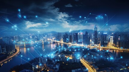 Smart city and intelligent communication network, night city, wireless connection technology concept, future technology concept
