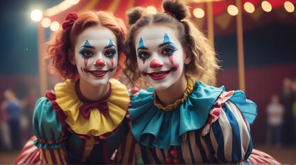 Portrait of two female clowns in a circus