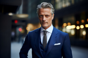 Fototapeta premium A sophisticated, middle-aged man with greying hair, dressed in a tailored navy suit and crisp white shirt, elegantly accessorizing with a platinum tie bar, stands in a modern