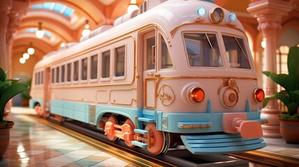 Fototapeta premium A pink and white toy train sits on a track in a pink and white room