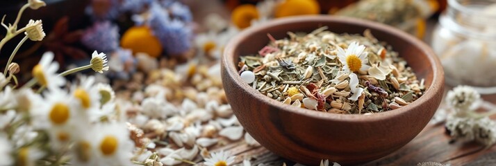 assortment of dry tea in wooden bowls, healing herbs in with chamomile and essentials, panorama backgrounds banner.