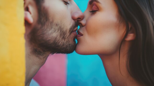 Close-up couple Kissing. Loving couple kissing over colorful background.