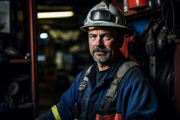 A Day in the Life of a Refractory Materials Repairer: A Close-Up Portrait of a Hardworking Individual Surrounded by Industrial Equipment and Tools - obrazy, fototapety, plakaty