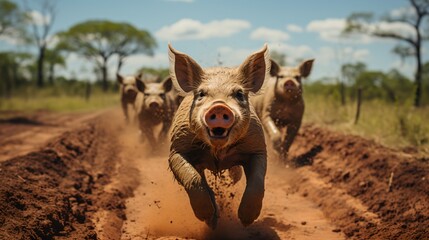 A group of wild pigs running in the middle of a muddy field - obrazy, fototapety, plakaty