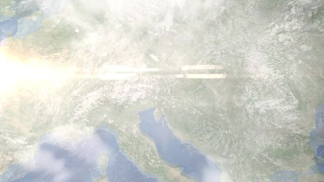 Zoom in from space and focus on Sankt Veit an der Glan, Austria. 3D Animation. Background for travel intro. Elements of this image furnished by NASA.
