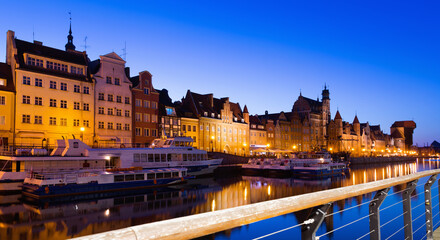Night embankment of Moltawa River in Gdansk in the Poland.
