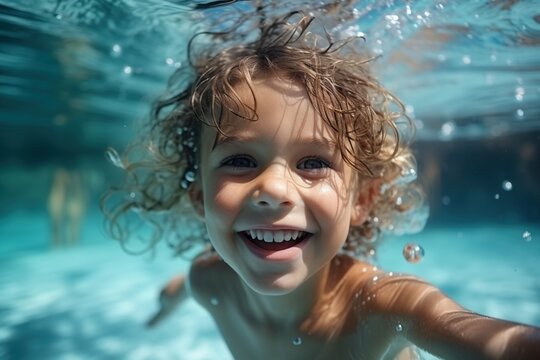 Little boy swimming underwater in a pool