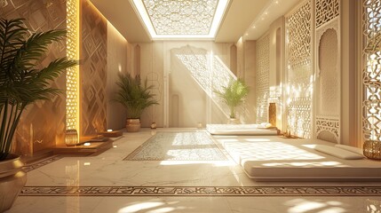 Luminous Elegance: Islamic Interior with a Bright Blend of Traditional Patterns and Modern Design