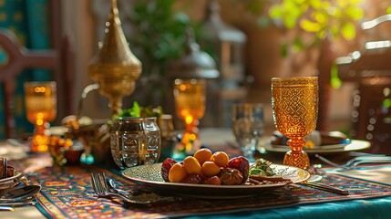 Culinary Elegance: Islamic-Inspired Dining Area with Elaborate Table Setting Featuring Date Fruit