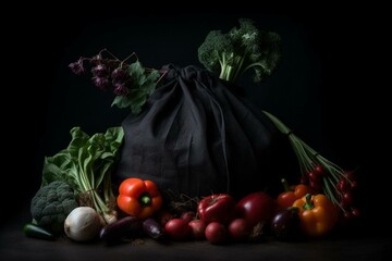 dark backdrop, veggies-filled bag. Generative AI