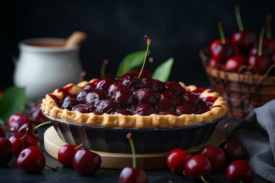 An image depicting a pie with cherries on top. Generative AI