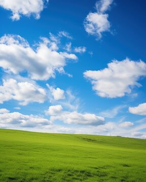 Green rolling hills under a blue sky with white clouds