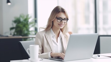 portrait of beautiful cheerful business woman smiling while working with laptop, computer.