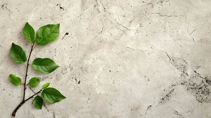 Granite stone with branch green leaf on beige background