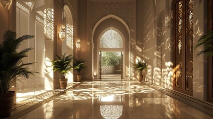 Fototapeta na wymiar Tranquil Radiance: Low-Light Islamic Interior with Subdued Lighting, Showcasing the Elegance of Islamic Design