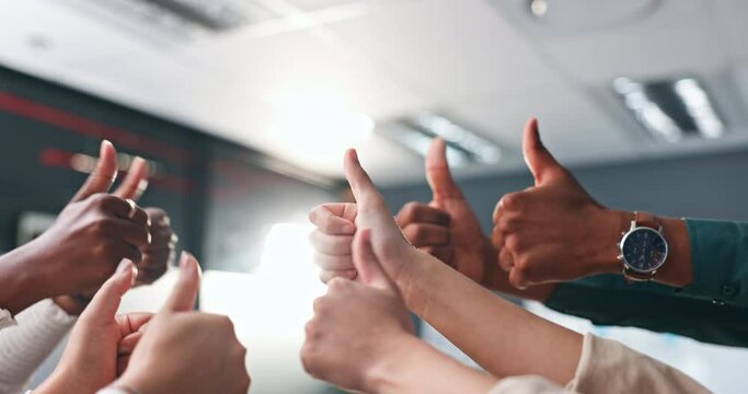 Business people, hands and thumbs up for team, success or good job in unity together at office. Closeup of creative employees with like emoji, yes sign or OK for winning, synergy or group startup