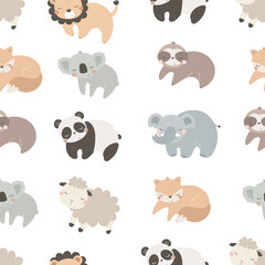 Seamless pattern with cute animals, decor elements. simple flat vector. Hand drawing for children. animal theme. baby design for fabric, textile, wrapper, print.