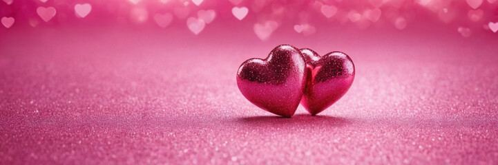 Fototapeta premium watercolor drawing Two Hearts On Pink Glitter In Shiny Background - Valentine's Day Concept, banner