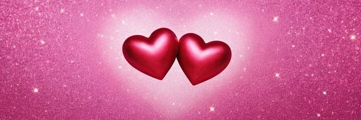 Obraz premium watercolor drawing Two Hearts On Pink Glitter In Shiny Background - Valentine's Day Concept, banner