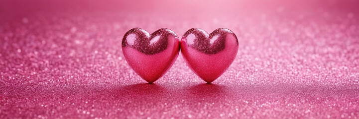 Fototapeta premium watercolor drawing Two Hearts On Pink Glitter In Shiny Background - Valentine's Day Concept, banner