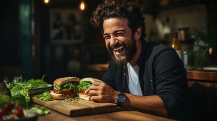 Laughing man eating a sandwich