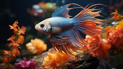 Fototapeta na wymiar Aquarium fish against a background of algae in its natural habitat