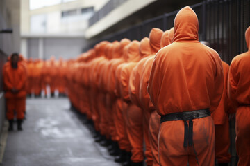 Inmates in a penitentiary center. Group of unrecognizable prisoners in orange uniform in jail. Lineup of anonymous people with prison outfit. - obrazy, fototapety, plakaty