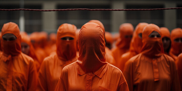 Inmates in a penitentiary center. Group of unrecognizable prisoners in orange uniform in jail. Lineup of anonymous people with prison outfit.