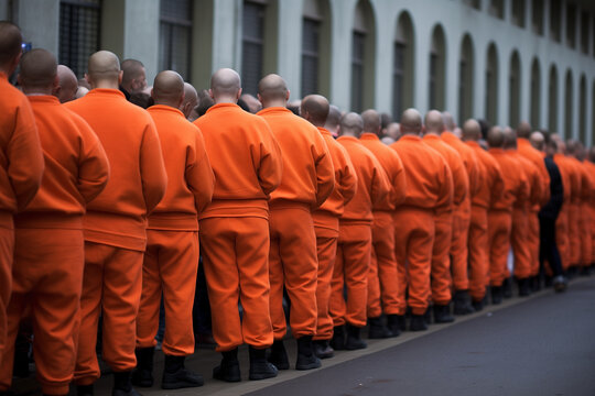 Inmates in a penitentiary center. Group of unrecognizable prisoners in orange uniform in jail. Lineup of anonymous people with prison outfit.