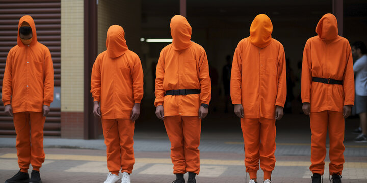 Inmates in a penitentiary center. Group of unrecognizable prisoners in orange uniform in jail. Lineup of anonymous people with prison outfit.