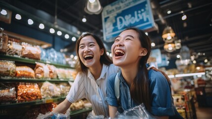 Two Asian women laughing in a grocery store - obrazy, fototapety, plakaty