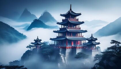 Fantasy background with mysterious ancient Chinese temple in mountains in the fog. Buddhist temple in mountains Chinese new year festival generative ai - obrazy, fototapety, plakaty
