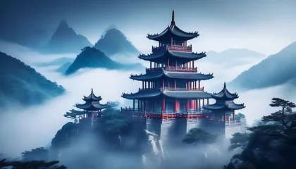 Foto op Plexiglas Fantasy background with mysterious ancient Chinese temple in mountains in the fog. Buddhist temple in mountains Chinese new year festival generative ai © Chaudhry
