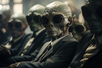 A group of aliens wearing suits and sunglasses are sitting in a room