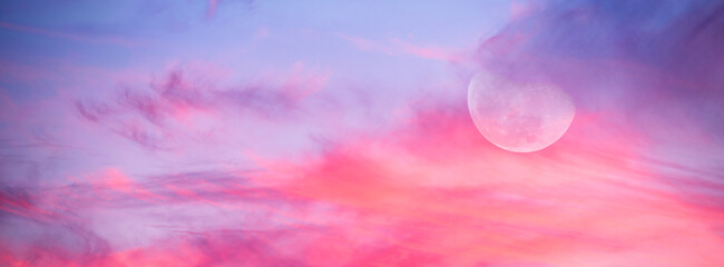 Moon Sunset Clouds Beautiful Romantic Sky Surreal Moonlight Sunrise Colorful Cloudscape Banner...