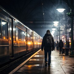 Obraz premium Man walking alone at night on a train station platform
