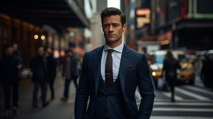 Fototapeta premium A man in a suit standing in the middle of a busy city street