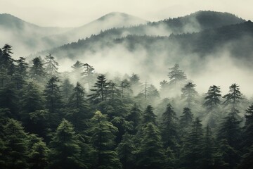 Misty Mountains and Dense Green Coniferous Forest