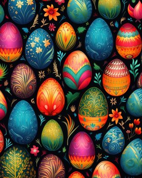 Easter eggs with floral patterns on dark background