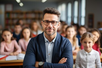Male teacher standing in front of a classroom of students - obrazy, fototapety, plakaty