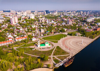 Aerial view of Admiralty square of Voronezh with Assumption Church and Ship Museum on background with modern cityscape, Russia.. © JackF