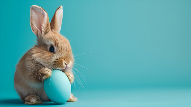 The image presents a delightful brown bunny with soft fur, tenderly holding a turquoise Easter egg against a matching turquoise background, capturing the essence of Easter joy.