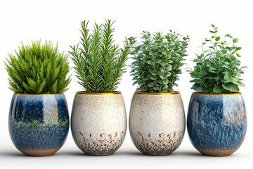 Four potted plants in white and gold pots isolated on pure white background
