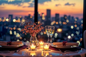 A romantic Valentine's Day dinner setting, candlelit table for two, elegant decor, soft lighting, with a city skyline in the background - obrazy, fototapety, plakaty