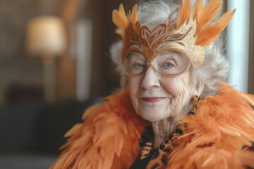 A young-at-heart elderly woman smiles, dressed in a mask and a peach-colored feather coat during the carnival festivities. Youth is a state of mind.copy space