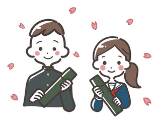 卒業証書を持つ学生服とセーラー服姿の学生