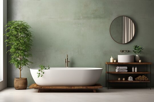 Bathroom with a large bathtub and a potted plant