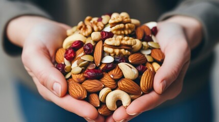 Closeup of a womans hand holding a small handful of mixed nuts, highlighting their proteinrich snack option. - obrazy, fototapety, plakaty