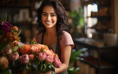 Picture of beautiful indian woman florist while working.