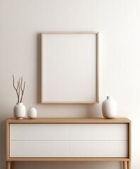 Mockup poster above minimalist drawer against white wall
